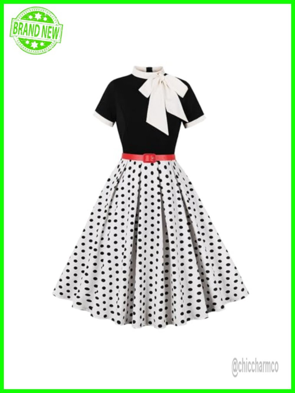 1950s Vintage Swing Midi Dress Short Sleeve Tie Neck A-Line